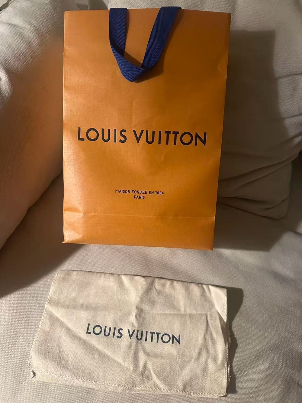 Louis Vuitton Orange Shopping Bag with Blue Handles & Cream Dust Bag